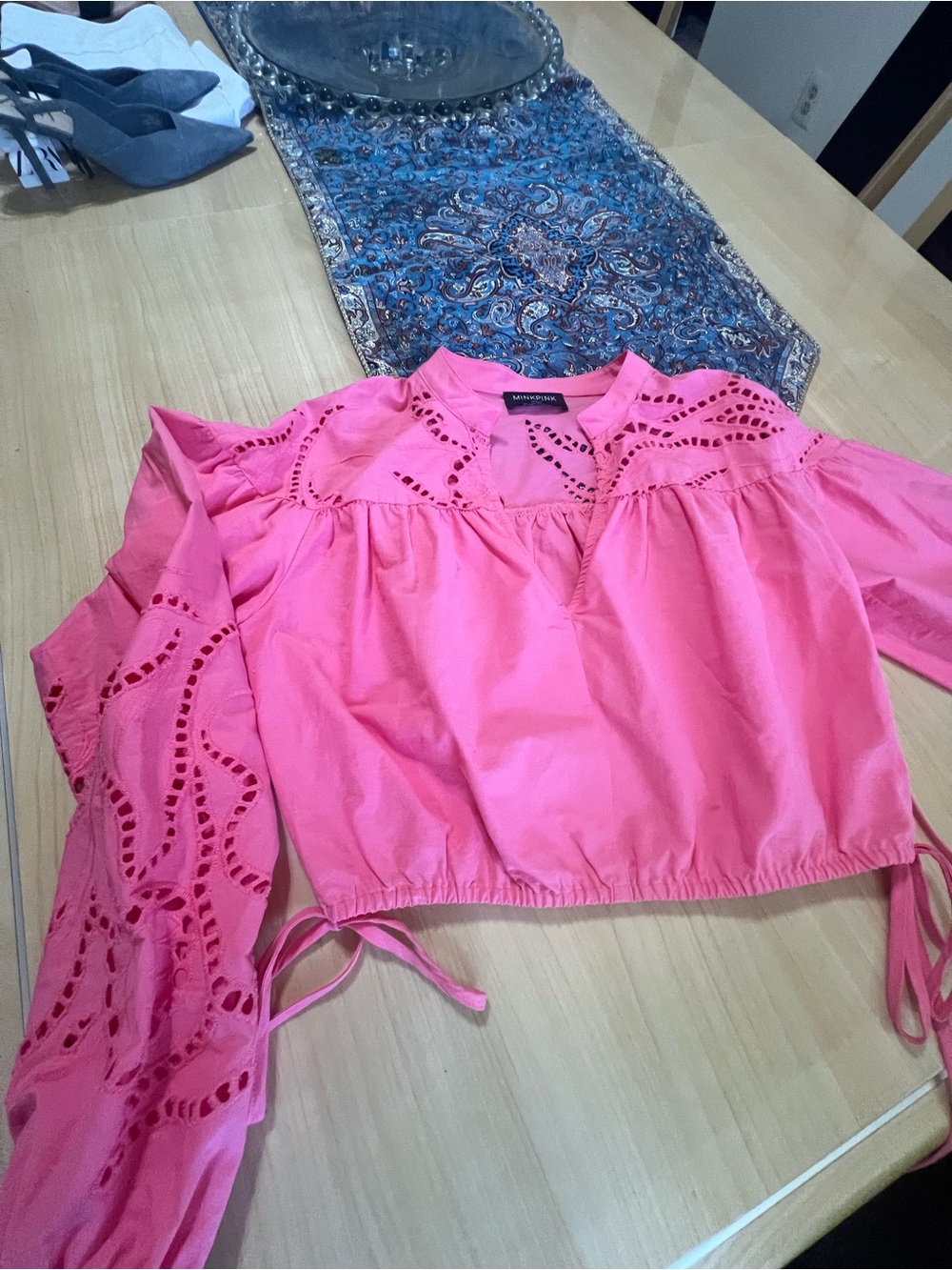 MINKPINK Hot Pink Eyelet Peasant Top with Tie Hem